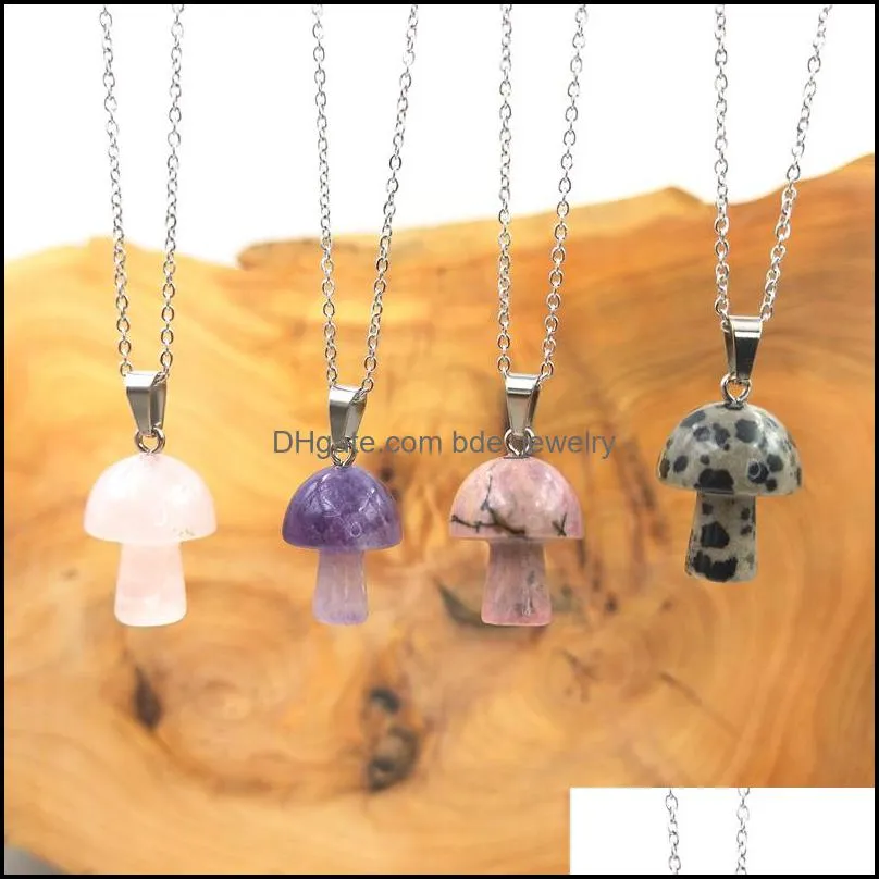 stainless steel chain mushroom pendant necklace natural stone crystal quartz healing energy necklace for women gift