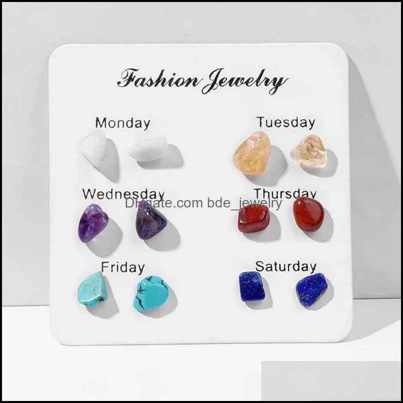 6pairs/set fashion women raw natural crystal stone stud earrings set girl rose quartz jades jaspers earrings