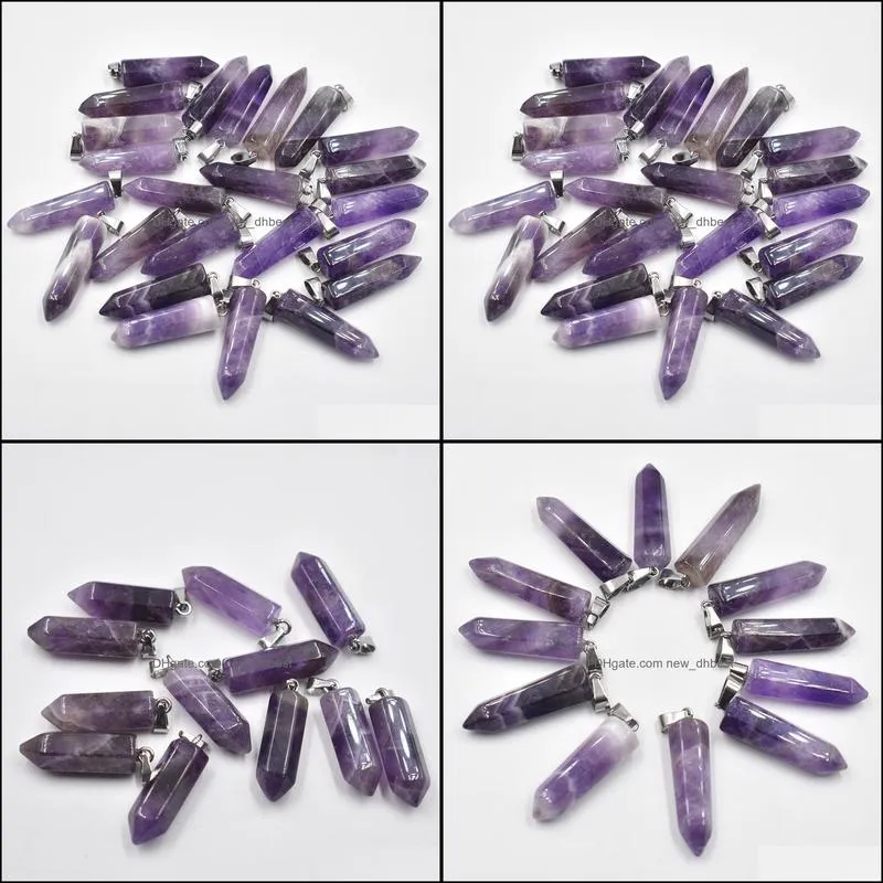 amethyst hexagonal pillar charms quartz crystal natural stone pendants for necklace earrings jewelry making