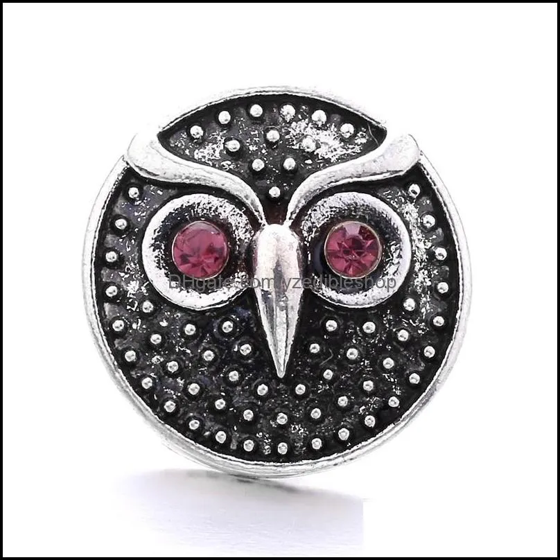 vintage silver color snap button owl charms women jewelry findings rhinestone 18mm metal snaps buttons diy bracelet jewellery