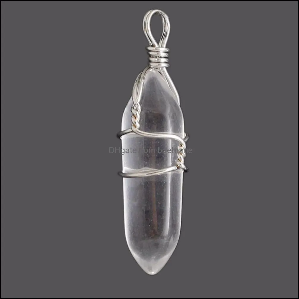 natural stone pendant charms pendulum bullet hexagonal chakra healing jewelry pink quartz lapis amethysts wire wrapped crystal