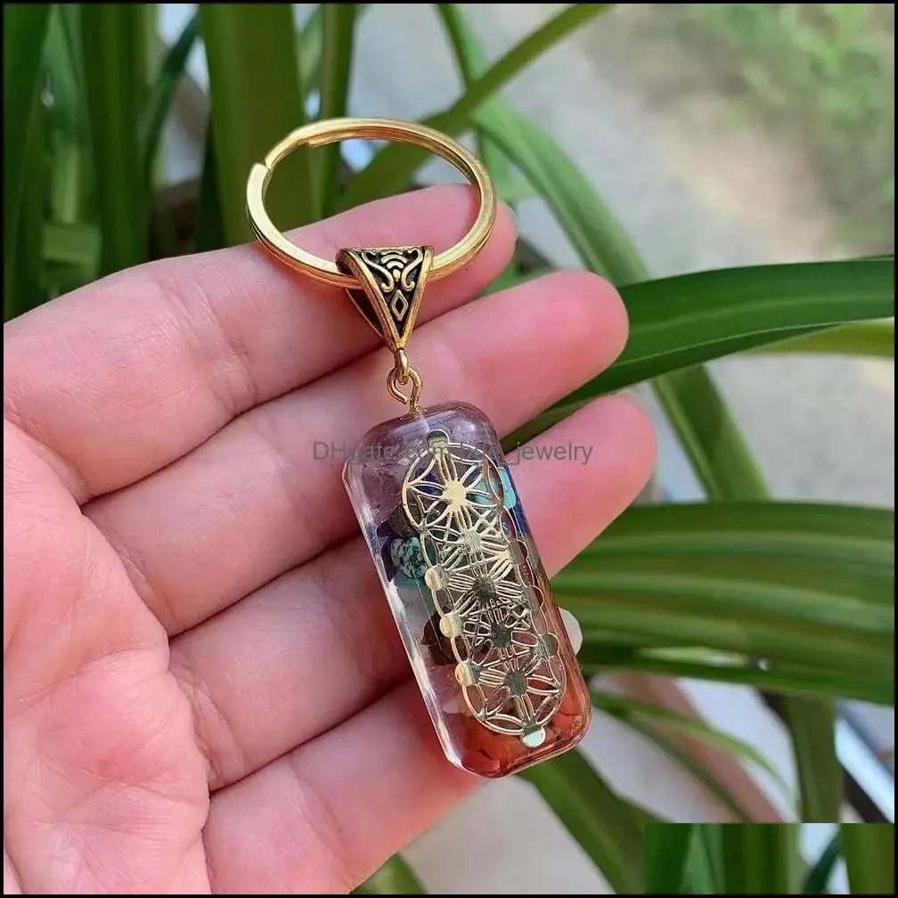 orgonite chakela rainbow seven chakra reiki healing energy stone meditation chakra keychain key ring