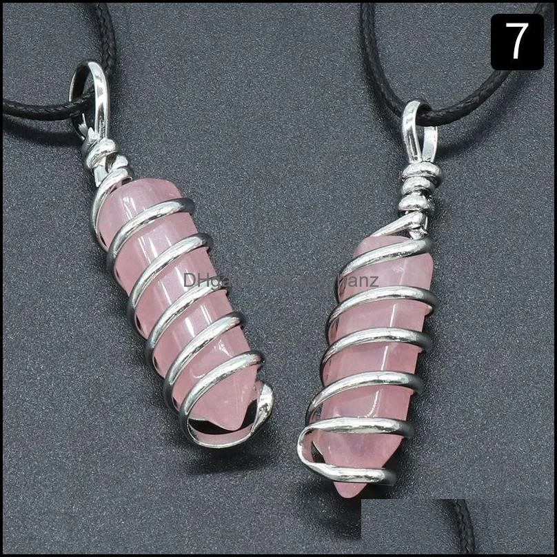 natural crystal stone agate spiral wire hexagon pendant necklace 7 chakra amethyst rose quartz necklaces women jewelr sexyhanz