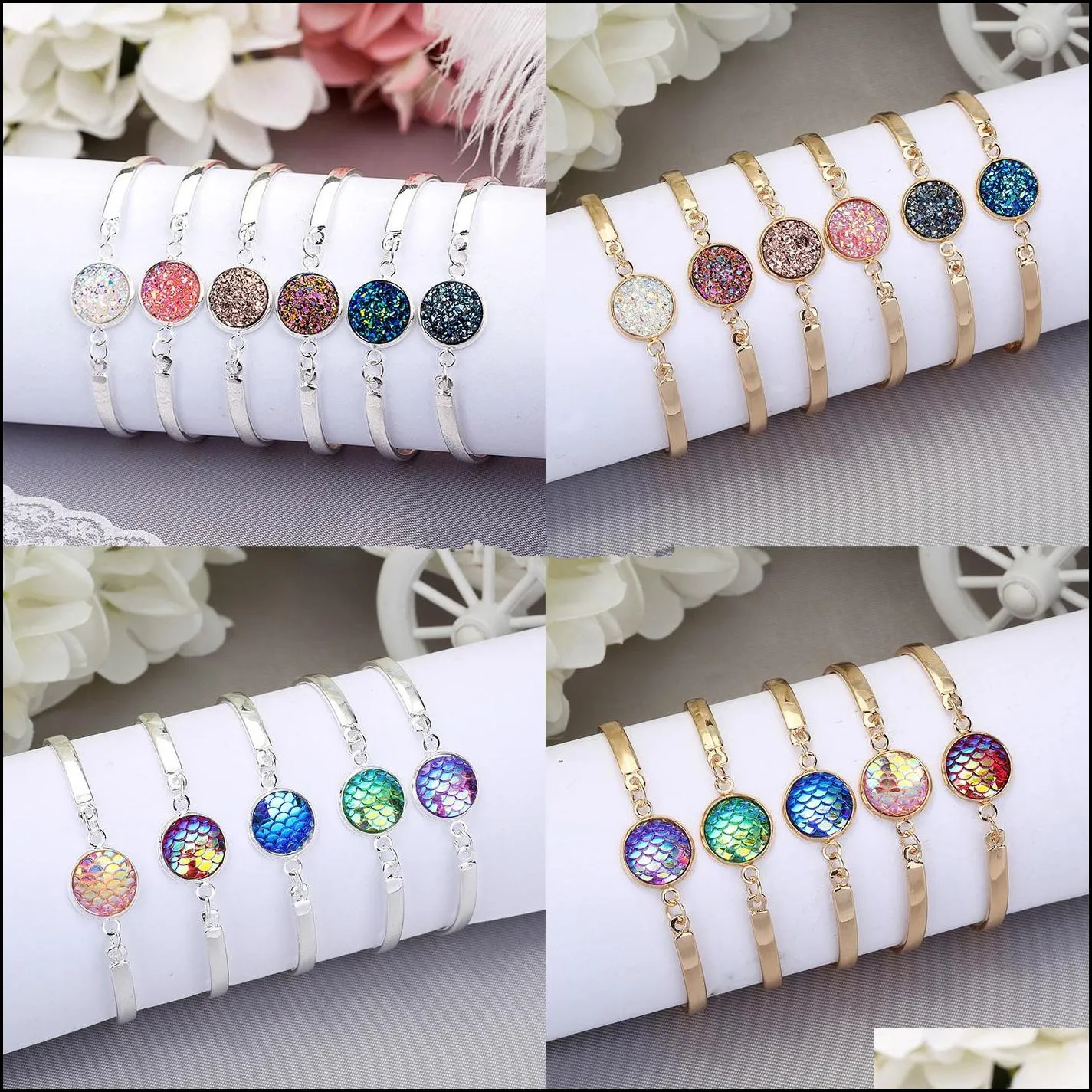 drusy druzy bracelet silver gold plated resin fish scale geometry lava stone bracelets for women lady jewelry