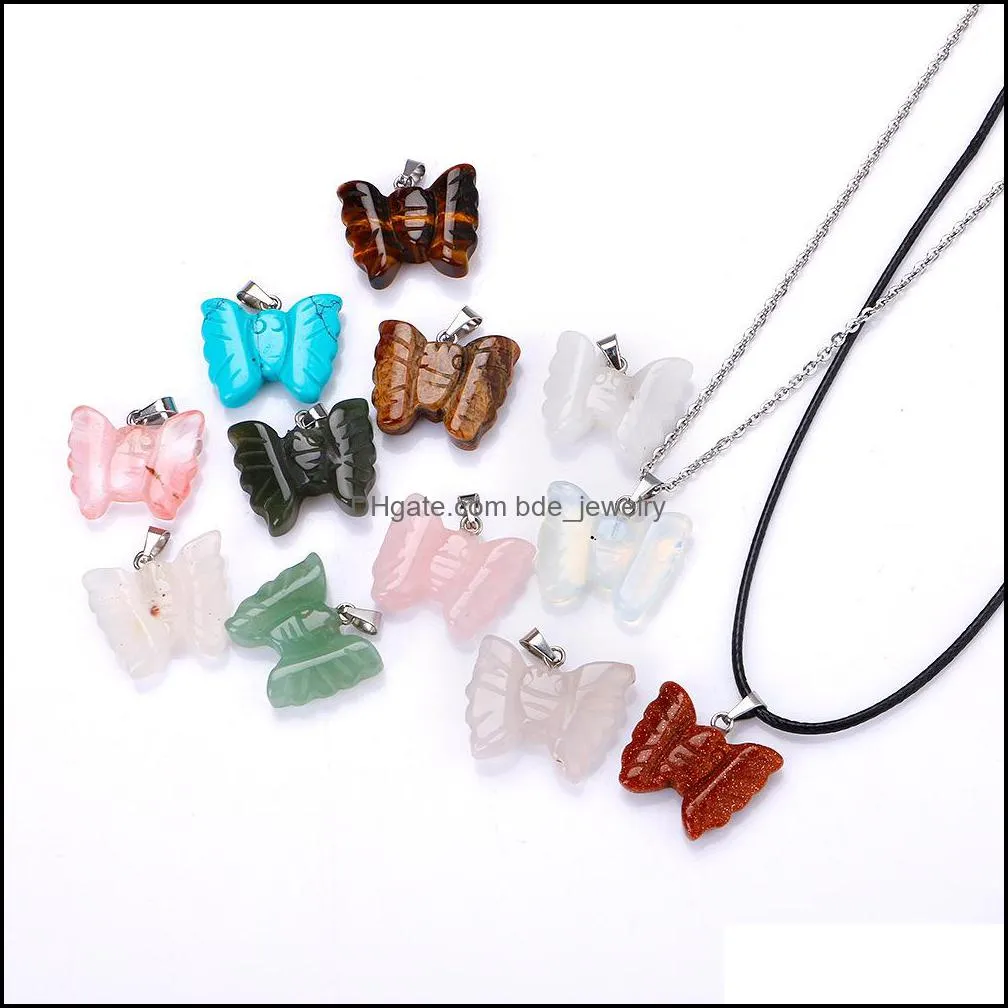 natural stone carved butterfly pendant necklace opal tigers eye pink quartz crystal chakra reiki healing necklaces for women jewelry