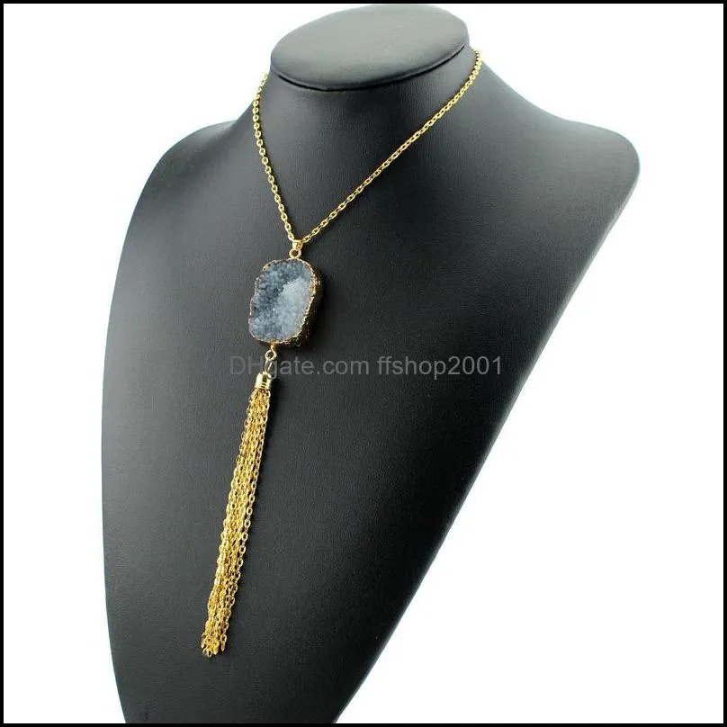 fashion druzy drusy necklace gold plated irregular faux stone tassel long necklace for women bohemia jewelry