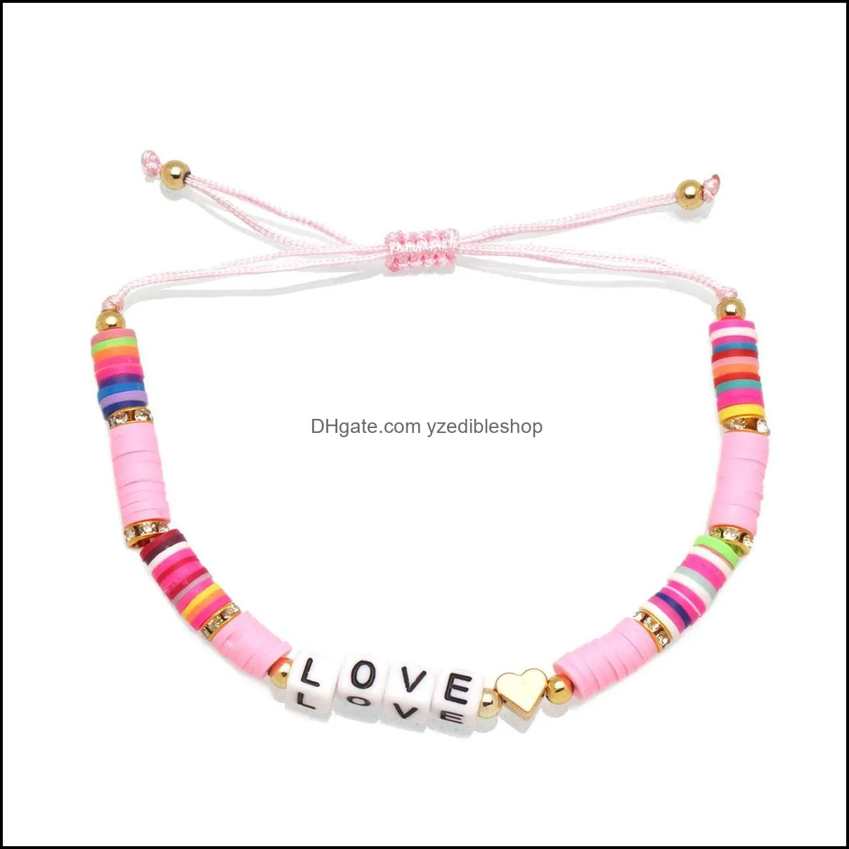 heart love letter charms bohemian colorful clay bracelets braided women summer beach charm elastic soft polymer female bracelet boho