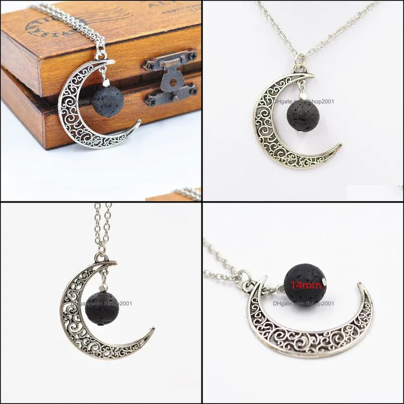 fashion 14mm lava stone moon necklace volcanic rock aromatherapy  oil diffuser necklace for women jewelry