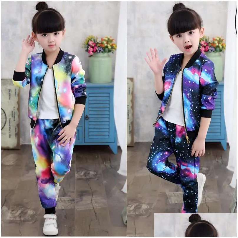 clothing sets universe girls spring autumn fashion starry sky hooded zipper jacket and pants casual tracksuit kids clothes