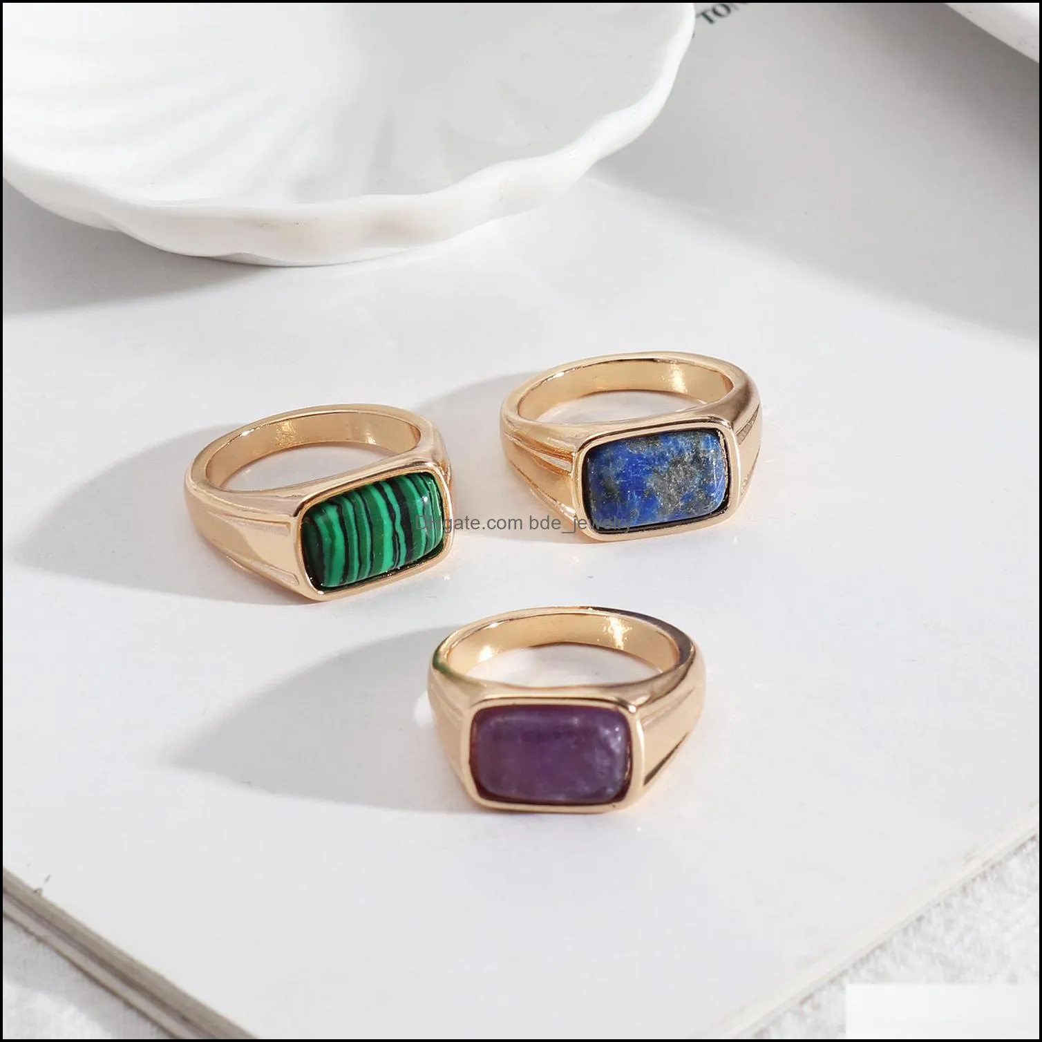 natural rectangle stone rings lapis lazuli amethyst malachite stone fashion inner dia 17mm gold color band jewelry for women