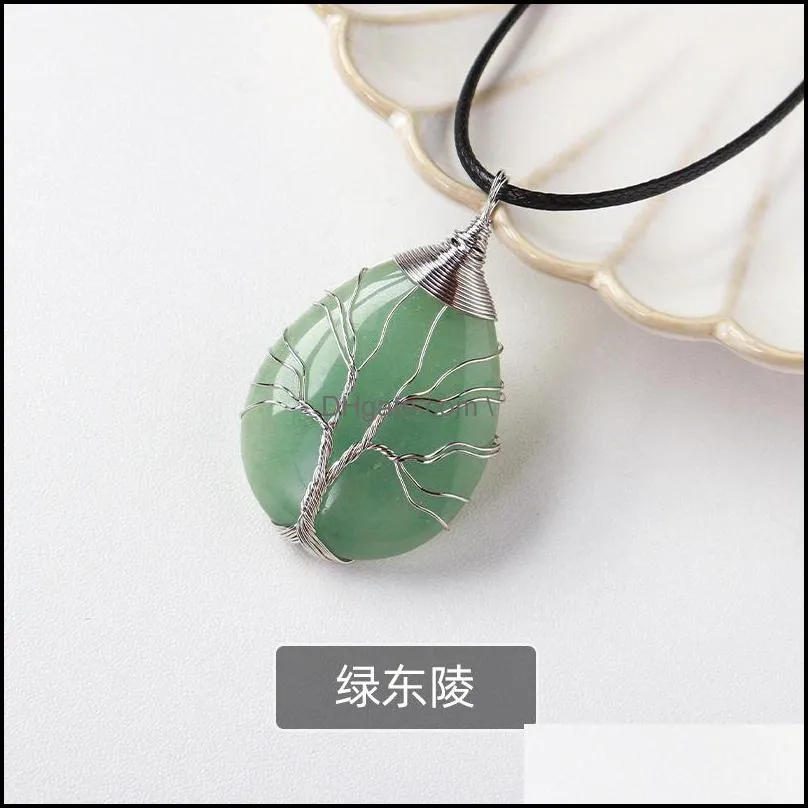 natural stone healing crystal tree of life charms waterdrop pendants rose quartz wire wrapped trendy jewelry making necklaces