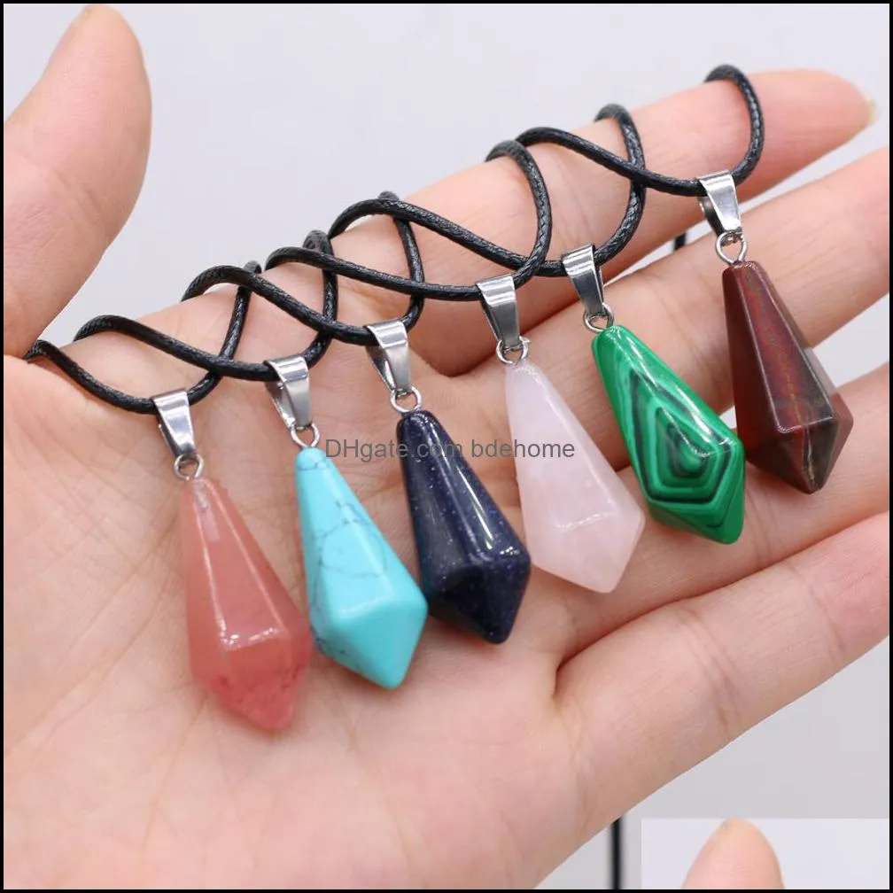 natural stone tiger eye stone turquoise opal pendant necklaces for women reiki heal crystal pendulum charms leather rope necklace