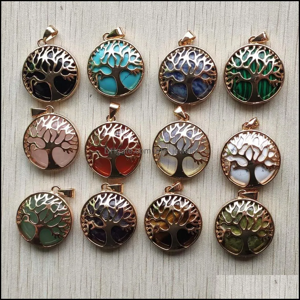 gold life of tree charms natural stone tiger eye lapis lazuli crystal rose quartz malachite aventurine opal turquoise pendant for diy jewelry