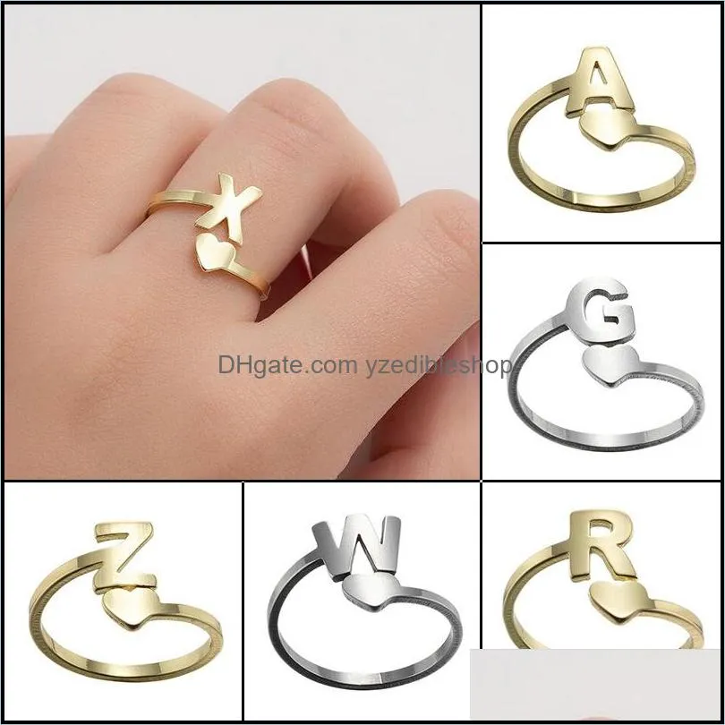 open lover heart gold stainless steel rings 26 letters ring for woman opening wedding zodiac finger ring birthday jewelry gift