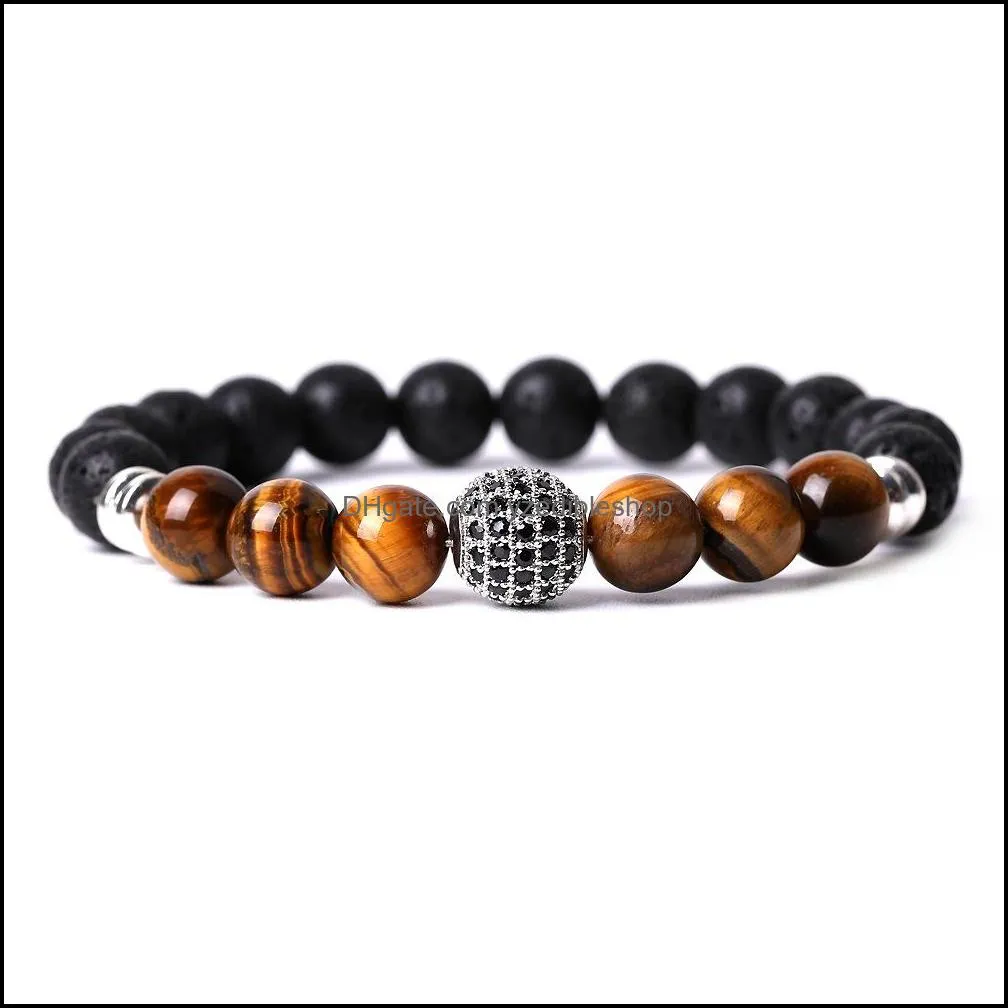 cubic zircon ball hand jewelry tiger eye lava stone bead bracelet elastic stretch men bracelets