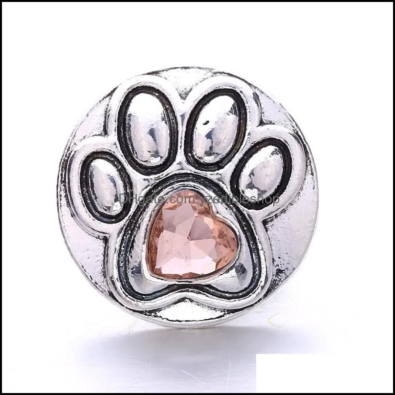 colorful crystal dog paw silver color snap button charms women jewelry findings pet loved rhinestone 18mm metal snaps buttons diy bracelet