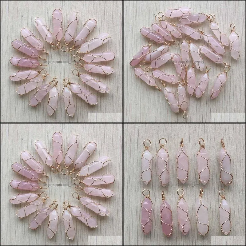 healing natural pink rose quartz stone crystal handmade charms gold iron wire pillar shape pendants for jewelry making