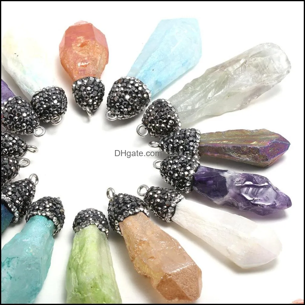 color plating healing crystal pillar charm quartz blue yellow purple white semiprecious stone pendant diy jewelry making