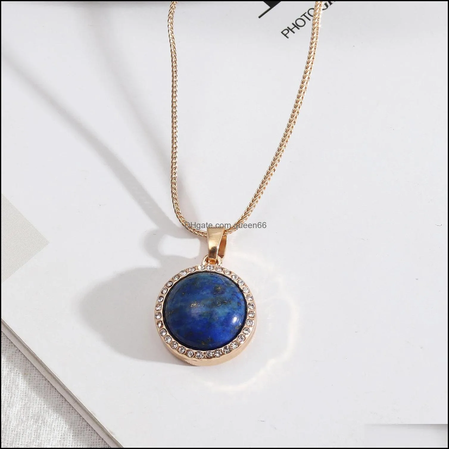 exquisite natural stone pendant lapis lazuli turquoise pink rose quartz chakra healing gold snake chain necklace for women jewelry