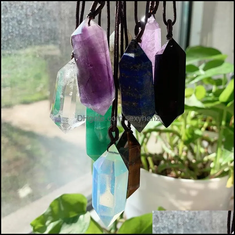 big natural stone pendant crystal jewelry lapis amethyst opal rose quartz obsidian bullet hexagonal pendulum necklace amule sexyhanz