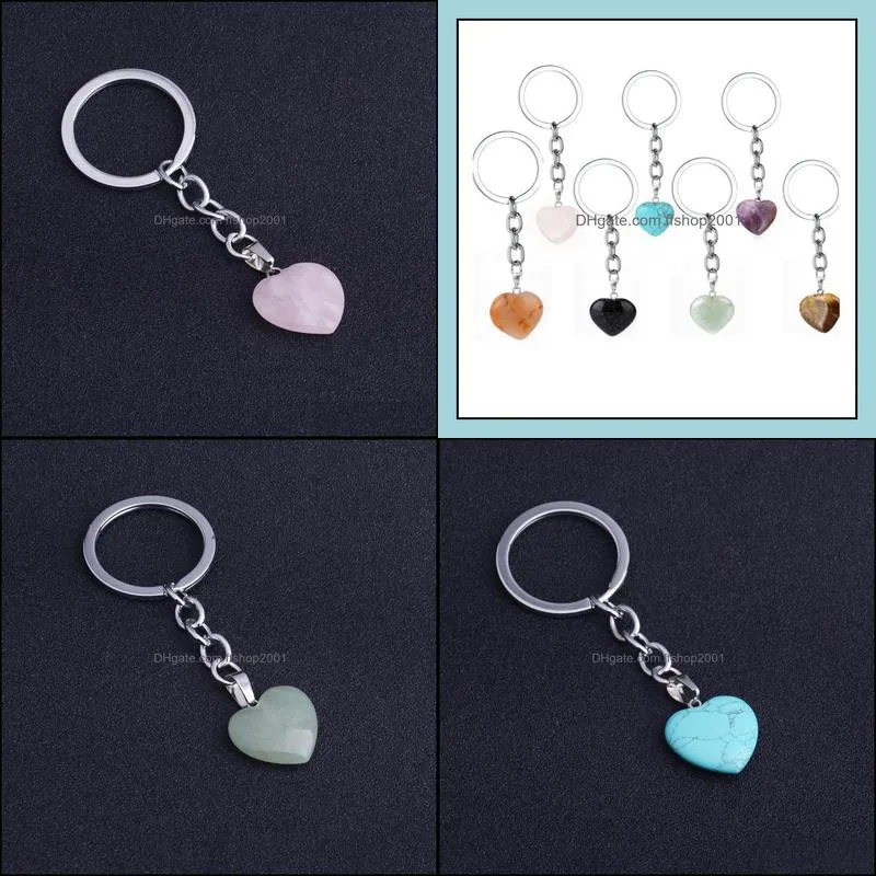 rose pink natural heart stone keychain crystal quartz healing stone chakra heart key chain ring keyring jewelry gift