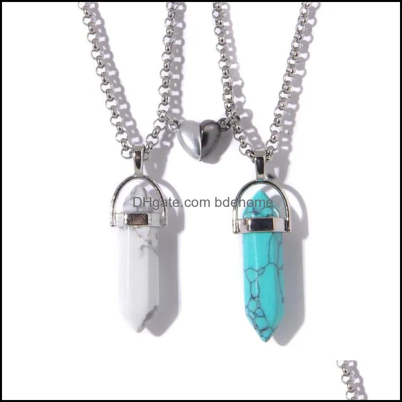 natural crystal quartz stone pendant neckace love heart magnetic button hexagonal prism necklaces for couple friend gifts