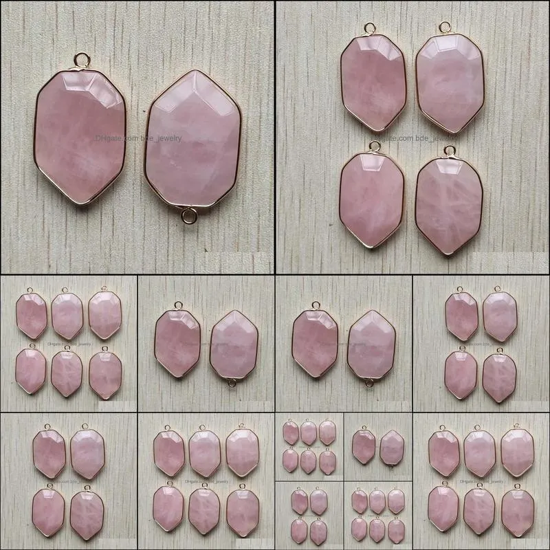 32mmx22mm natural rose quartz stone charms section shield shape golden connector pendants for jewelry making wholesale