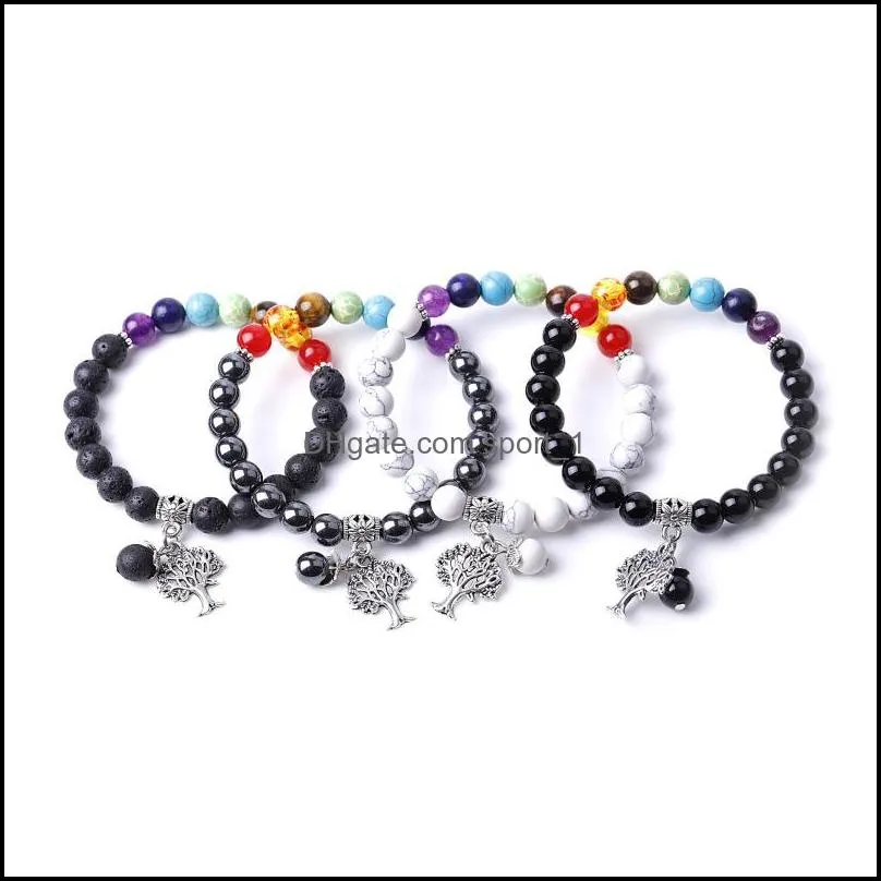  tree charms seven chakras bracelet black white turquoise lava stone beads women men lover energy buddha bracelets jewelry