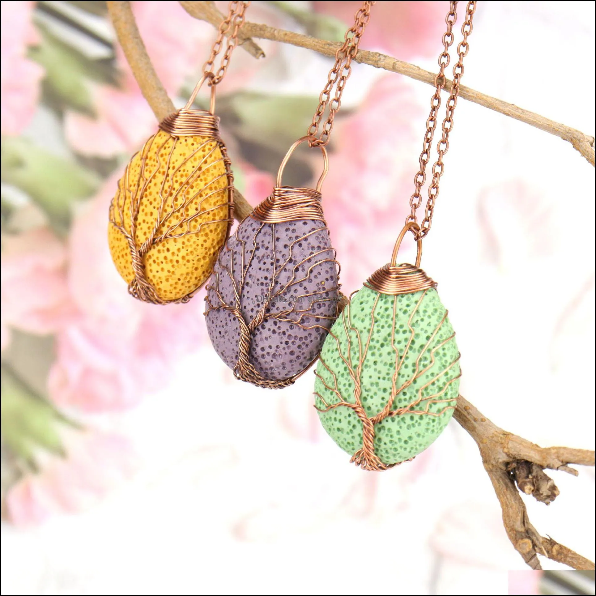 twine colorful lava stone tree of life necklaces diy aromatherapy  oil diffuser necklace for women jewelry