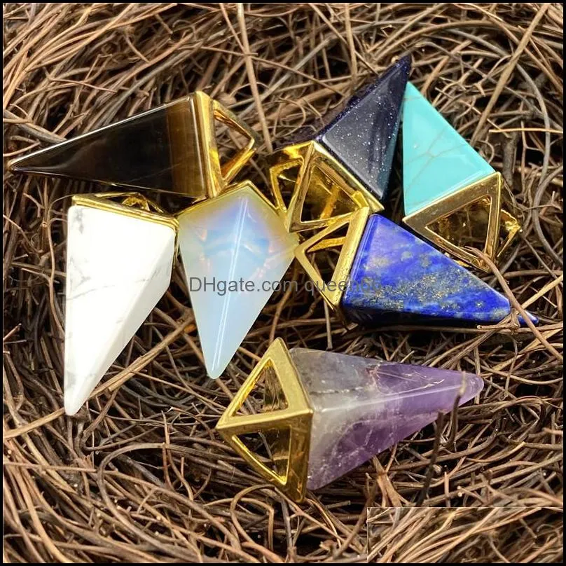 healing crystal natural stone pendant four faceted cone charms turquoise tiger eye lapsi pink crystal rope chain necklaces wholesale christmas jewelry