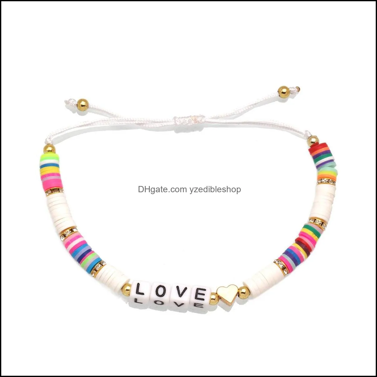 heart love letter charms bohemian colorful clay bracelets braided women summer beach charm elastic soft polymer female bracelet boho