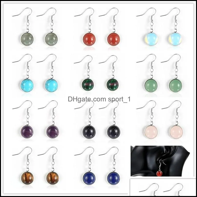 12mm women turquoises rose crystal quartz tiger eye opal stone charms dangling earrings amethysts hanging earring hoop fashion simple