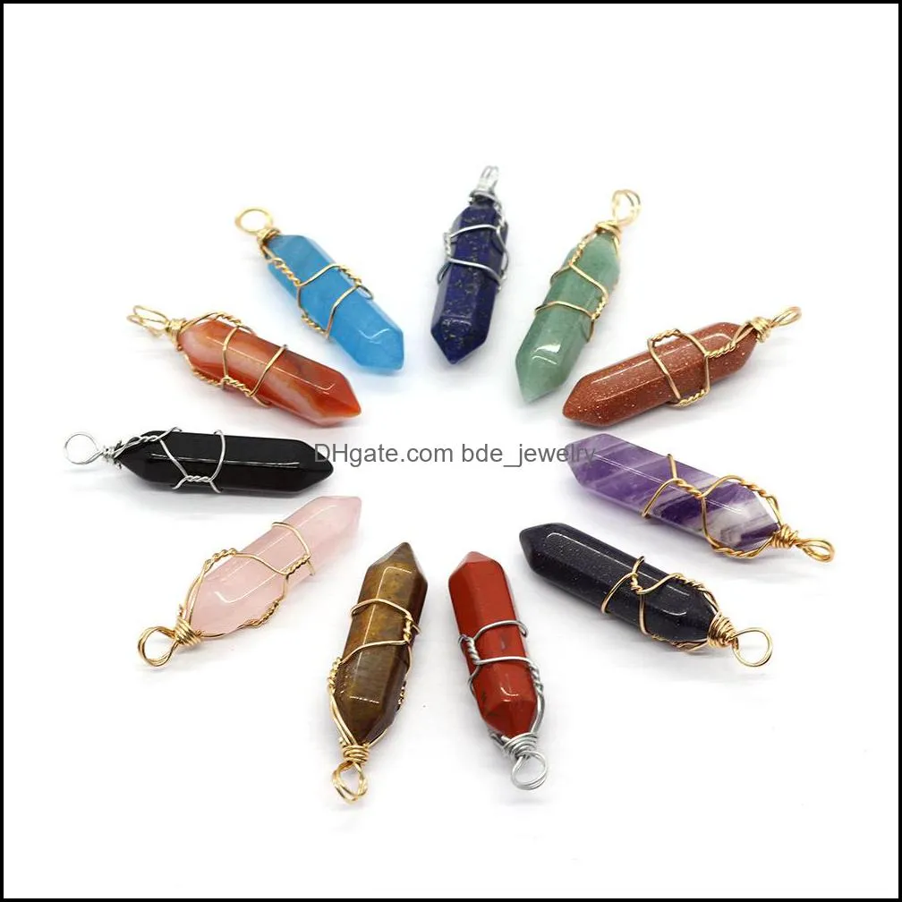 natural stone charms silver gold wire wrapped quartz hexagonal prism healing pink crystal pendants for diy earrings necklace jewelry