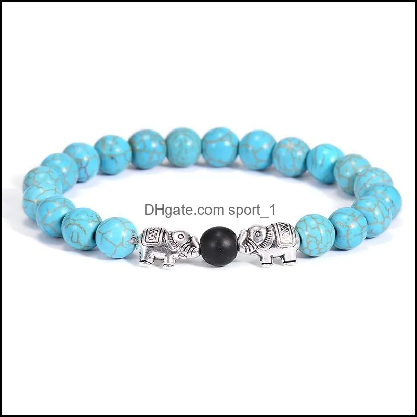 fashion silver elephant charm beads bracelet unique colorful natural stone strand distance bracelets for men women jewelry