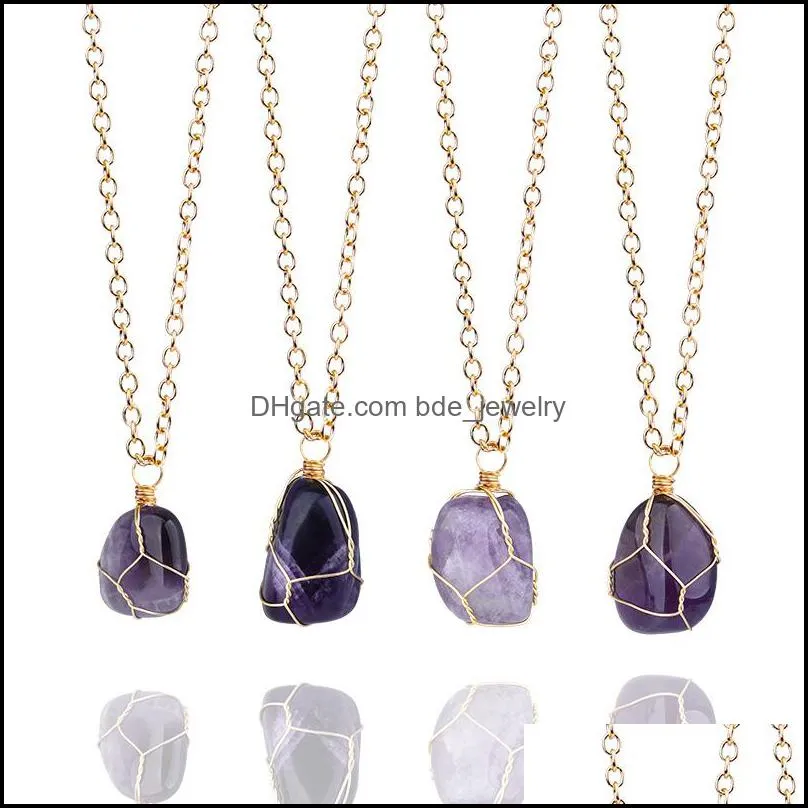 natural crystal wire winding rough stone irregular raw ore pendant energy healing gemstone amazonite amethyst necklace charms women