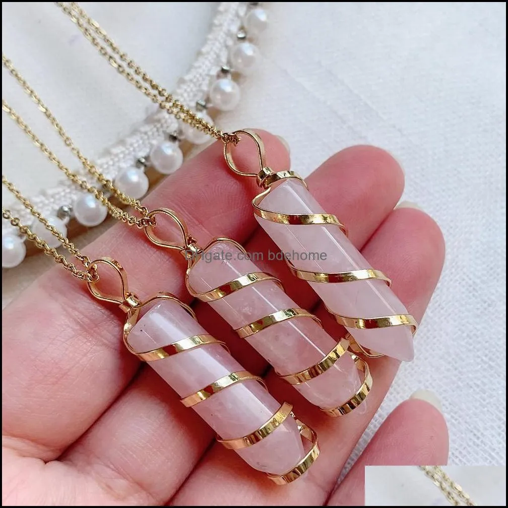 gold plated natural crystal necklace hexagonal pointed pendulum pendant rose stone quartz pink necklace for women