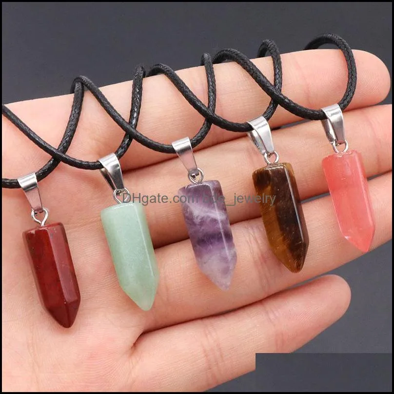 natural stone crystal charms hexagon column pendant necklaces amethyst tiger eye rose quartz wholesale jewelry for women