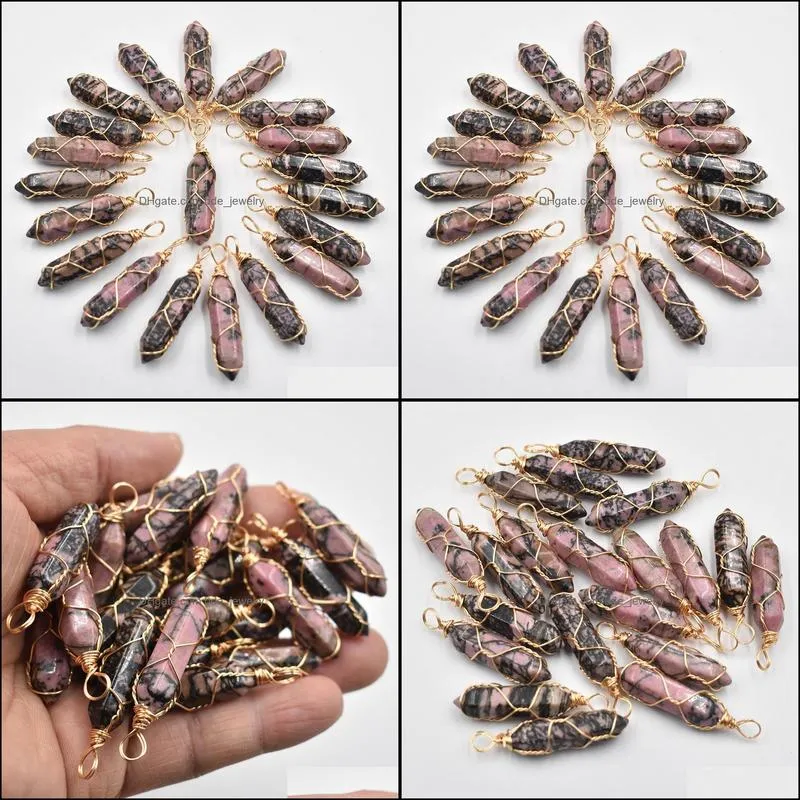 gold copper wire natural stone rhodochrosite charms hexagonal healing reiki point pendants for jewelry making