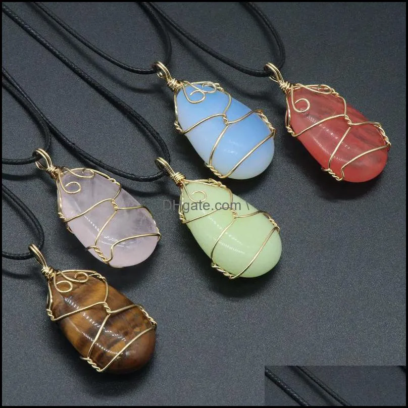 gold wire wrap oval colorful crystal stone pendant necklace quartz crystals necklaces healing jewelry for men men rope chain