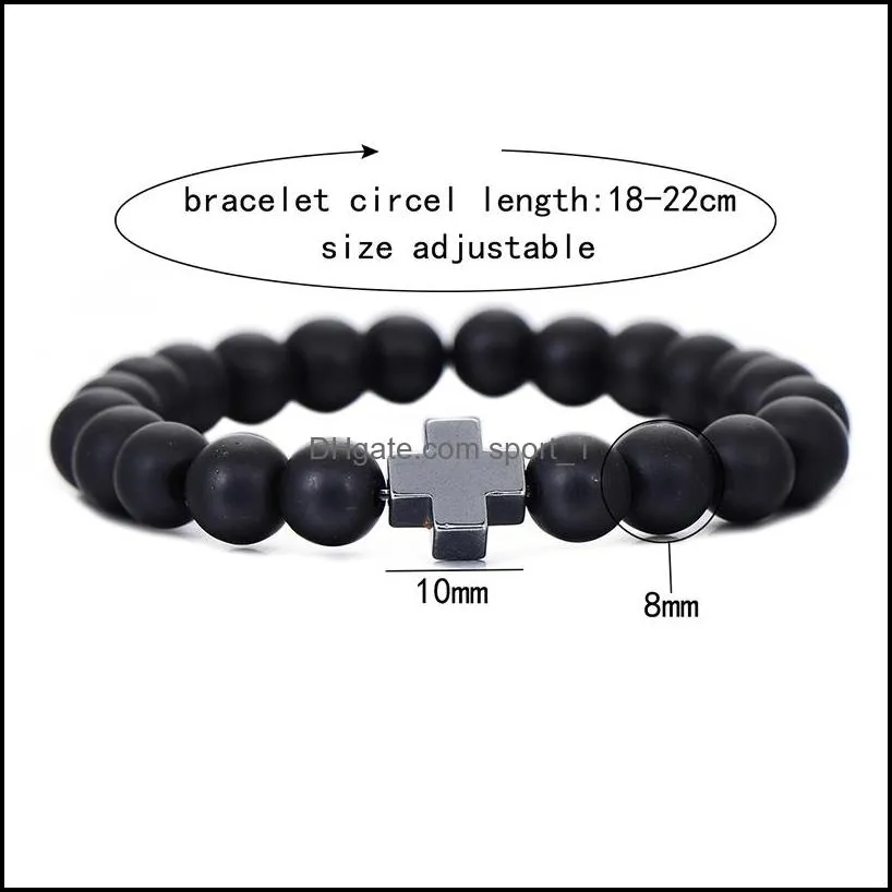 fashionable hematite charm cross bracelet trendy black natural stone 8mm beads stretch bracelets bangles friendship jewelry