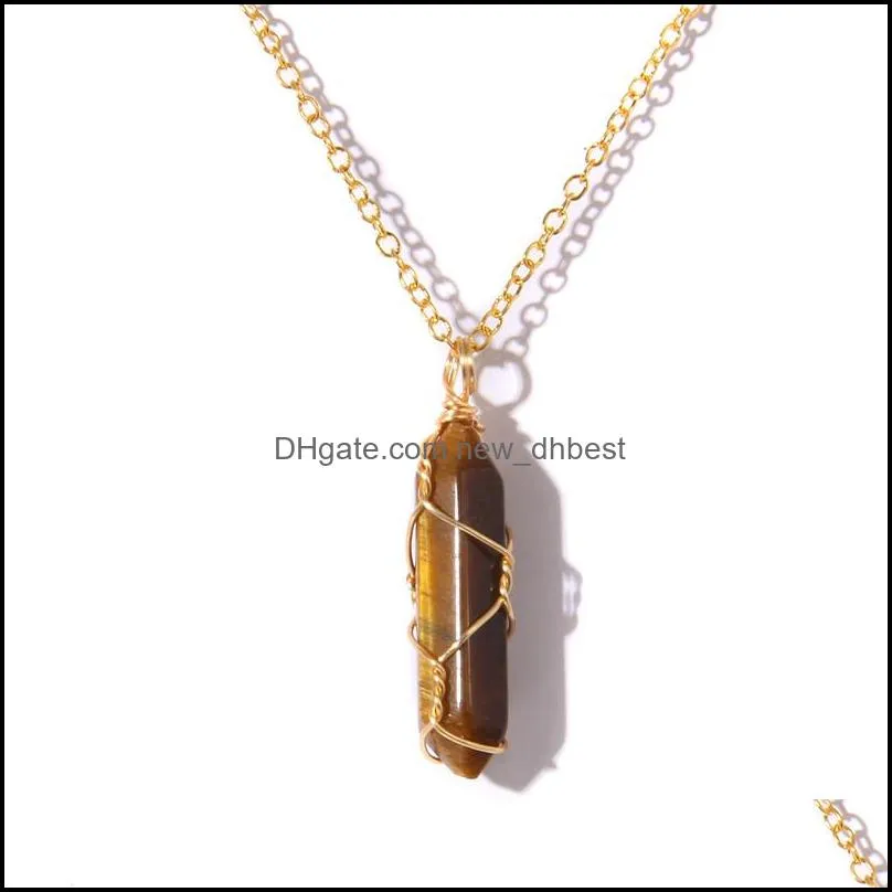 hexagonal pendulum pendant necklace reiki healing column necklaces natural stone gold wire wrap chain pendants for women men