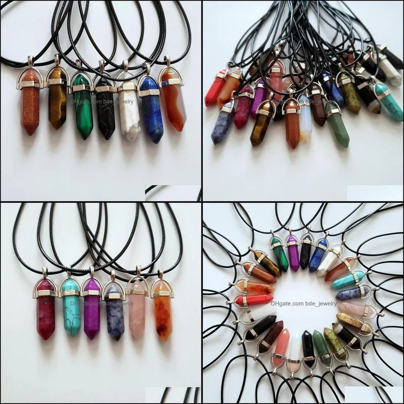 fashion quality natural stone crystal pillar pendant chakra pendulum necklace for woman leather chains jewelry