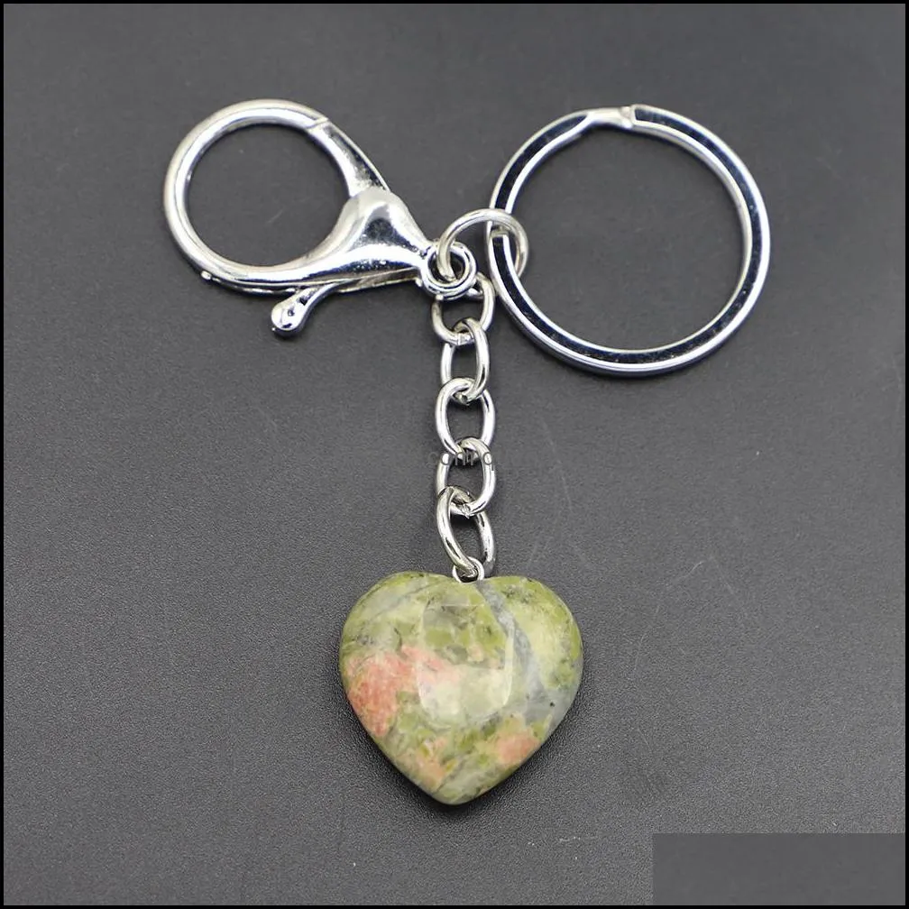 natural crystal stone keychains heart shaped key rings rose pink tiger eye charms key chains quartz gifts men women presents jewelry