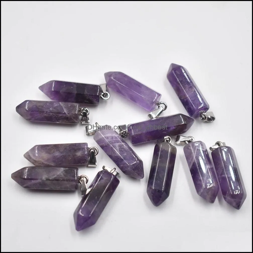 amethyst hexagonal pillar charms quartz crystal natural stone pendants for necklace earrings jewelry making