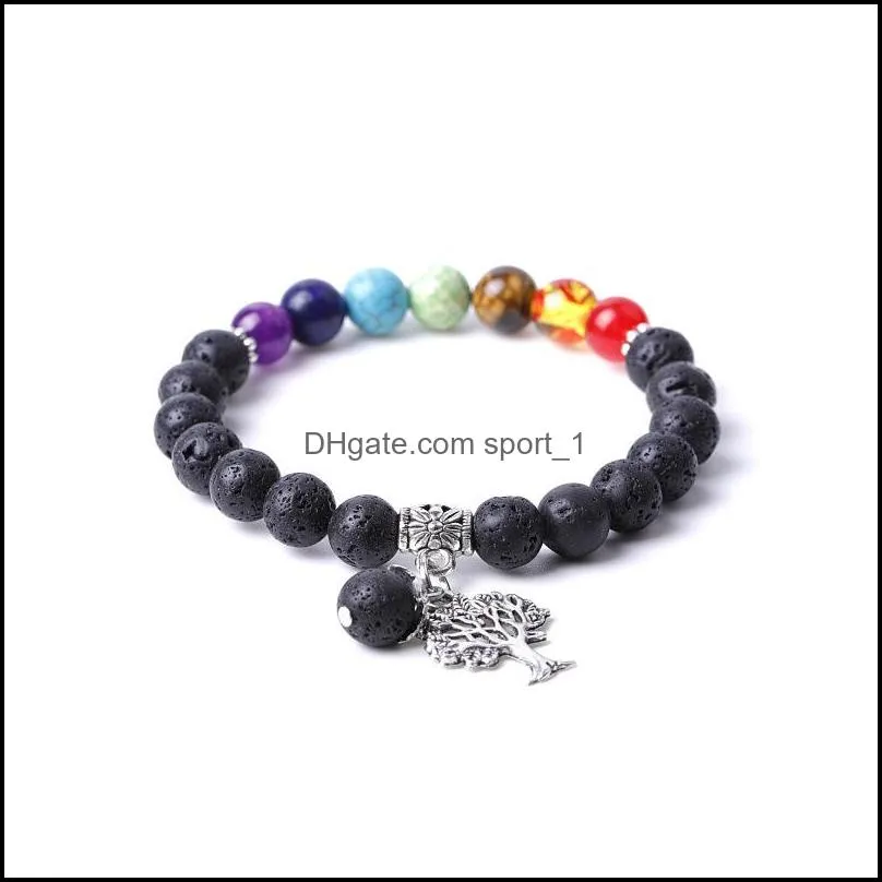  tree charms seven chakras bracelet black white turquoise lava stone beads women men lover energy buddha bracelets jewelry