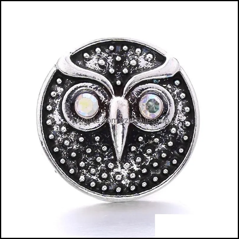 vintage silver color snap button owl charms women jewelry findings rhinestone 18mm metal snaps buttons diy bracelet jewellery