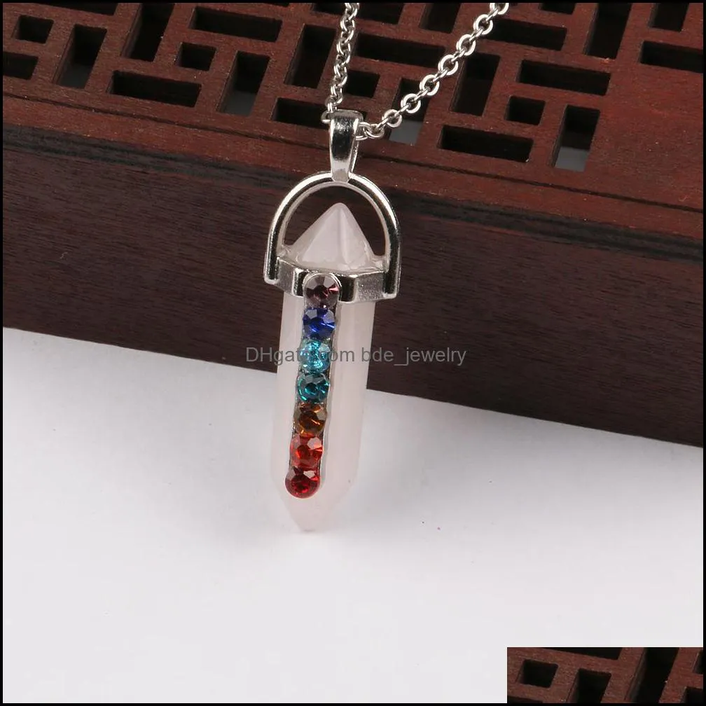 rhinestone 7 chakras stone hexagonal prism pendant necklace amulet stainless steel chain necklaces for women men