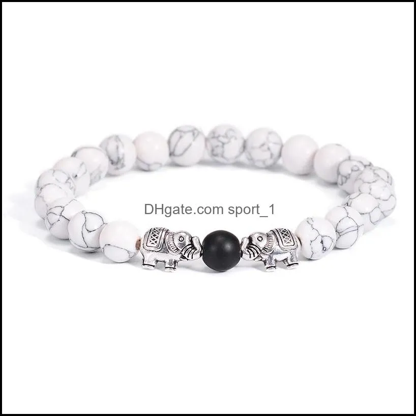 fashion silver elephant charm beads bracelet unique colorful natural stone strand distance bracelets for men women jewelry