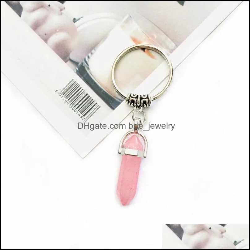 natural stone key rings hexagonal prism keychains silver alloy healing amethyst pink crystal car decor keyholder for women men