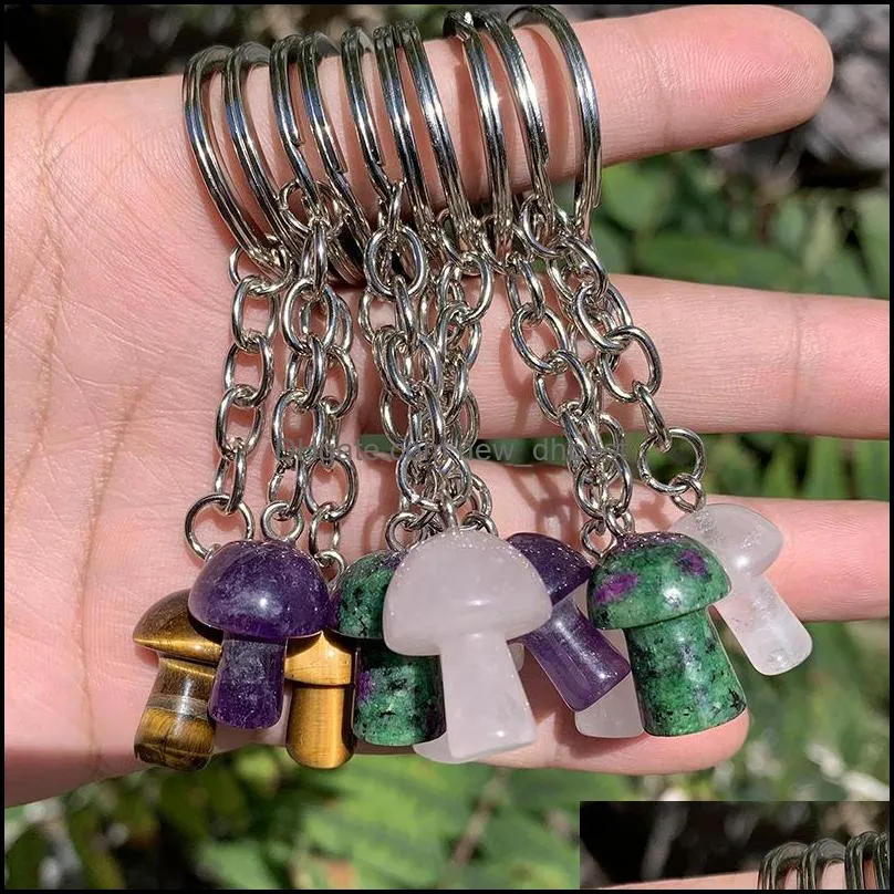 natural crystal stone key rings mushroom keychains healing crystals car bag decor keyholder for women men